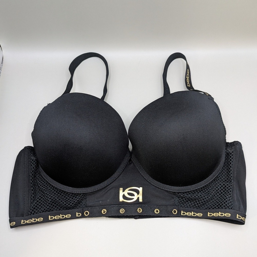 Bebe Intimates Womens Black Gold Logo Push Up Bra Mesh Panels BRA1125 Size 38C